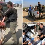 Militantes palestinos dirigem uma caminhonete com o corpo de Shani Louk.