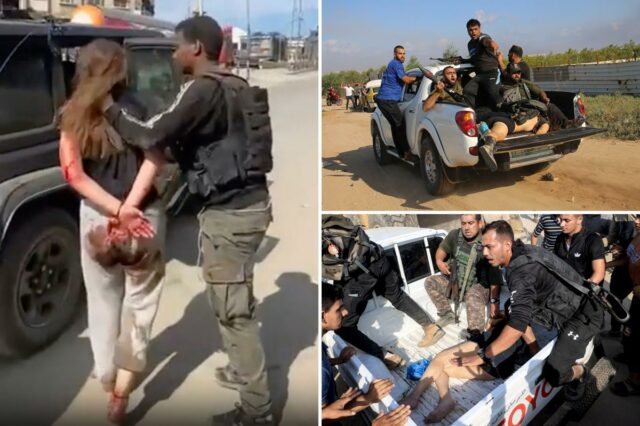 Militantes palestinos dirigem uma caminhonete com o corpo de Shani Louk.