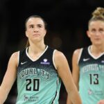 CHICAGO, ILLINOIS - SEPTEMBER 11: Sabrina Ionescu #20 of the New York Liberty looks on as she walks off the court after the first half of the game against the Chicago Sky at Wintrust Arena on September 11, 2025 in Chicago, Illinois. (Photo by Michael Hirschuber/Getty Images)