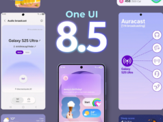 O One UI 8.5 da Samsung finalmente chegou e mal posso esperar para experimentá-lo Uma mão segurando um Samsung Galaxy s25, com ‘One UI 8.5’ exibido ao lado.
