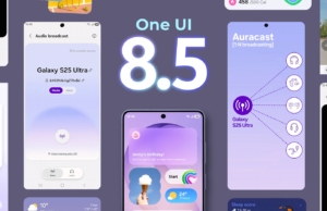 O One UI 8.5 da Samsung finalmente chegou e mal posso esperar para experimentá-lo Uma mão segurando um Samsung Galaxy s25, com ‘One UI 8.5’ exibido ao lado.