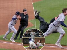 O árbitro inadvertidamente ajuda o Mets a evitar corrida com colisão caótica Um apanhador do New York Mets tentando marcar um jogador do Detroit Tigers que deslizava para o home plate.