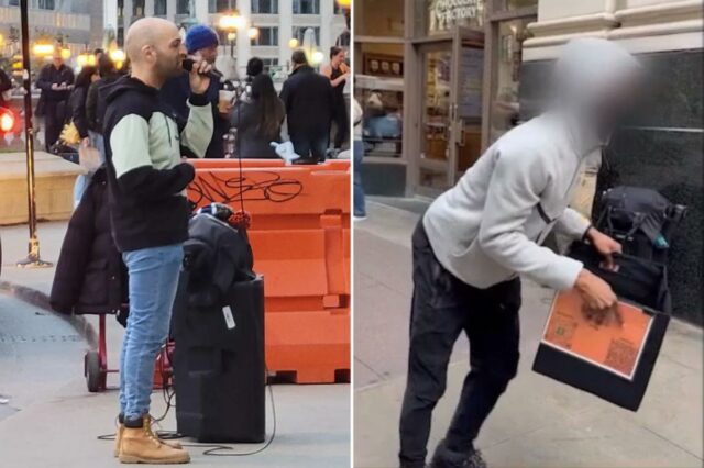 O artista de rua de Chicago, Andrew David, cantando ao ar livre.