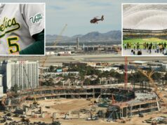 O atletismo começa a mostrar que o sonho do beisebol em Las Vegas é realidade Canteiro de obras de um novo estádio em Las Vegas, com um helicóptero sobrevoando, um hotel em primeiro plano e um aeroporto com montanhas ao fundo.