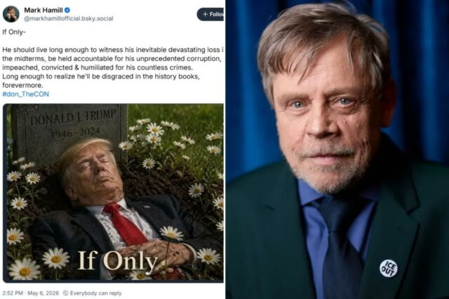 A postagem Bluesky de Mark Hamill retrata Donald Trump morto em uma cova aberta com margaridas e uma lápide lendo 