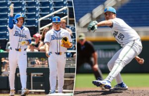 O beisebol da UCLA ganha o título do Big Ten Tournament de forma dramática Um arremessador de beisebol com uniforme branco com detalhes em azul e amarelo arremessa de um monte.