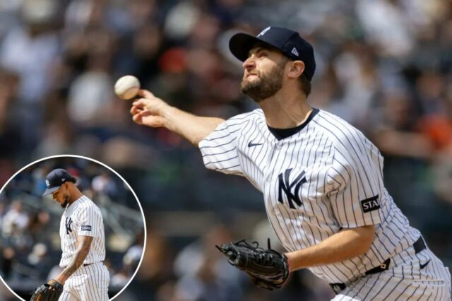 O arremessador do New York Yankees, Jake Bird (59), lança um arremesso contra o Baltimore Orioles.
