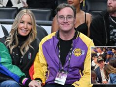 O candidato a prefeito de Los Angeles, Spencer Pratt, é visto sentado nos assentos de Jeanie Buss no jogo dos playoffs do Lakers Jeanie Buss e Jay Mohr em um jogo do Los Angeles Lakers.