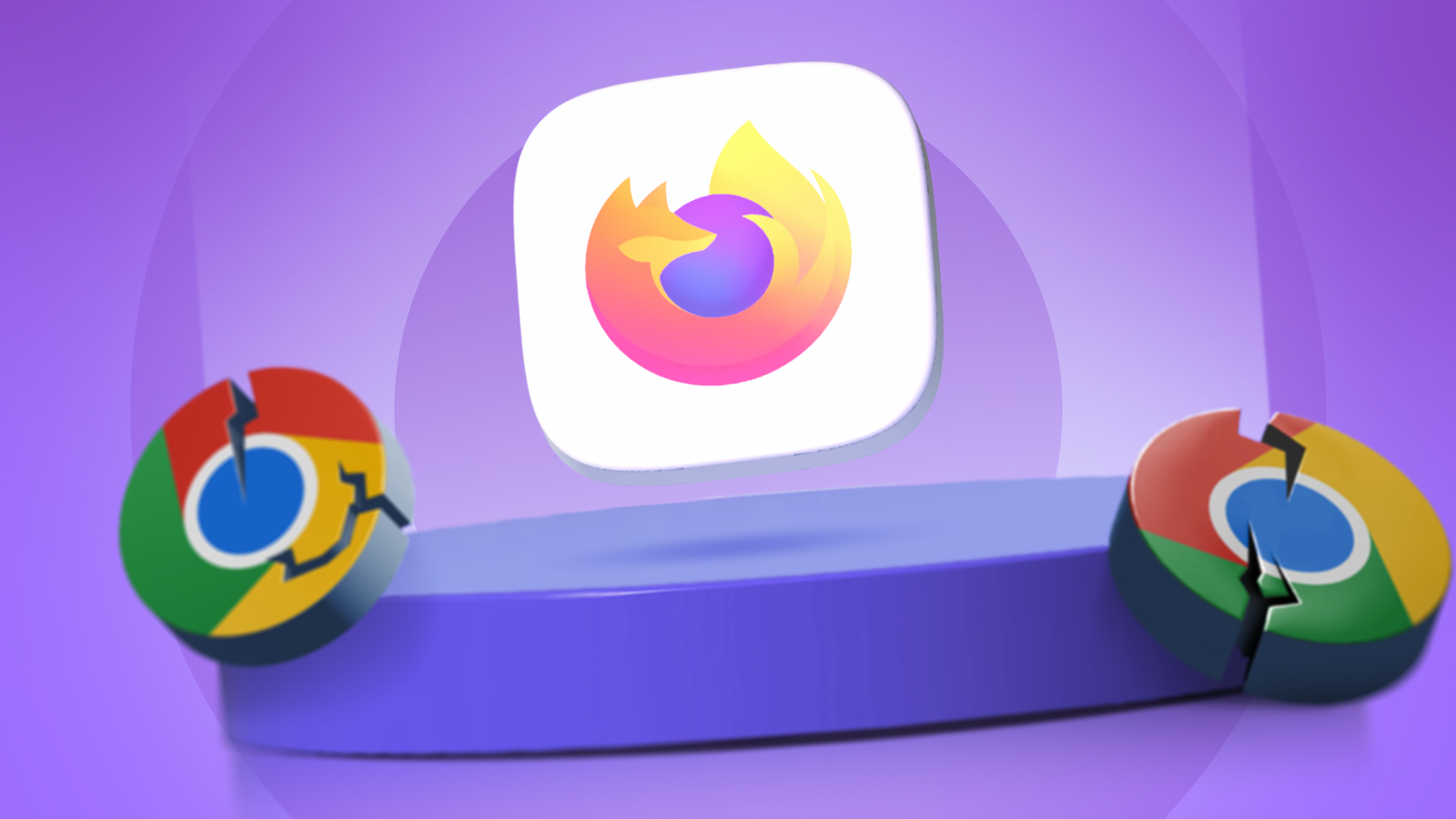 Logotipo da LibreWolf exibido em um pódio, com logotipos quebrados do Chrome em cada lado.