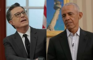 O discurso de Stephen Colbert à nação é interrompido por um Barack Obama nada impressionado O discurso de Stephen Colbert à nação é interrompido por um Barack Obama nada impressionado