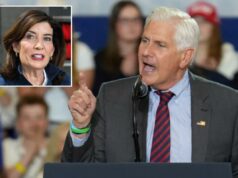O esperançoso governador do Partido Republicano em Nova York, Bruce Blakeman, monta o esforço ‘Vote Affordable Party’ O executivo do condado de Nassau, Bruce Blakeman, fala em um pódio.