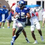 O wide receiver do New York Giants, Collin Johnson (15), quando o New York Giants treinou como parte do Giants Training Camp na terça-feira, 22 de agosto de 2023, no Quest Diagnostics Training Center em East Rutherford, NJ.