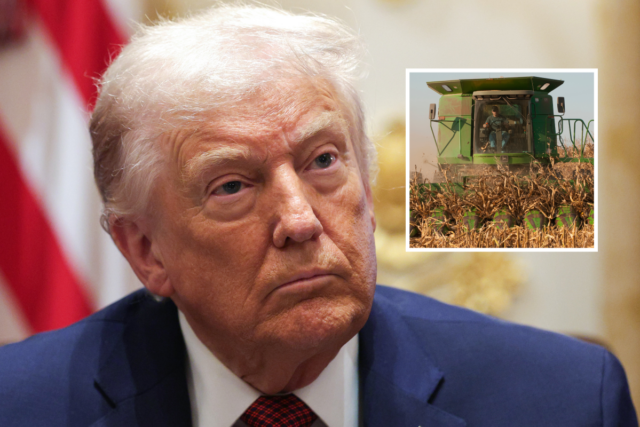 Main image: Donald Trump participates in a roundtable discussion with farmers in the Cabinet Room of the White House on December 08, 2025 in Washington, DC. Inset: Harvesting soybean and corn in Keaton, Tennessee - undated stock photo