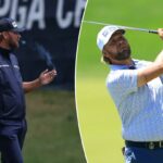 Daniel Brown, da Inglaterra, acerta sua segunda tacada no buraco 18 durante a terceira rodada do PGA Championship no Aronimink Golf Club em 16 de maio de 2026 em Newtown, Pensilvânia.