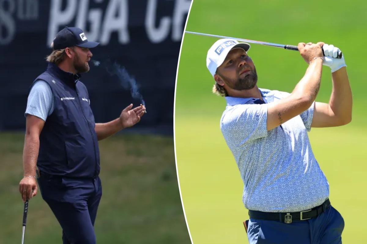 Daniel Brown, da Inglaterra, acerta sua segunda tacada no buraco 18 durante a terceira rodada do PGA Championship no Aronimink Golf Club em 16 de maio de 2026 em Newtown, Pensilvânia.