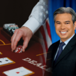 O procurador-geral da Califórnia, Rob Bonta, retratado ao lado da mesa de blackjack em meio a disputas legais sobre regulamentações de jogos de azar na Califórnia e reação da indústria