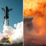 Uma grande explosão laranja sobre o oceano durante o lançamento do voo 12 da SpaceX Starship.