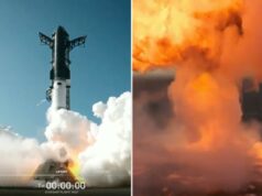 O lançamento bem-sucedido da SpaceX Starship 12 termina com uma bola de fogo espetacular Uma grande explosão laranja sobre o oceano durante o lançamento do voo 12 da SpaceX Starship.