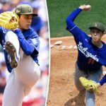 Arremessador do Los Angeles Dodgers se preparando para lançar um arremesso.