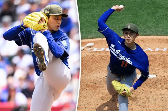 Arremessador do Los Angeles Dodgers se preparando para lançar um arremesso.