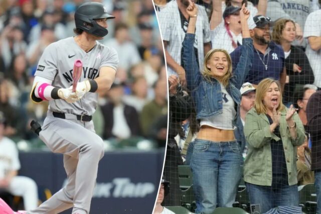 O novato dos Yankees, Spencer Jones, registra sua primeira rebatida na MLB durante o segundo turno contra os Brewers em 10 de maio de 2026.