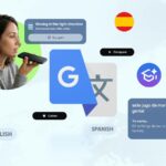 Uma mulher sorridente usando um smartphone com o logotipo do Google Tradutor e ícones de aprendizagem interativos em um fundo roxo