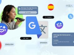 O novo recurso do Google Tradutor acaba de corrigir a maior falha do aplicativo Uma mulher sorridente usando um smartphone com o logotipo do Google Tradutor e ícones de aprendizagem interativos em um fundo roxo