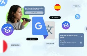 O novo recurso do Google Tradutor acaba de corrigir a maior falha do aplicativo Uma mulher sorridente usando um smartphone com o logotipo do Google Tradutor e ícones de aprendizagem interativos em um fundo roxo
