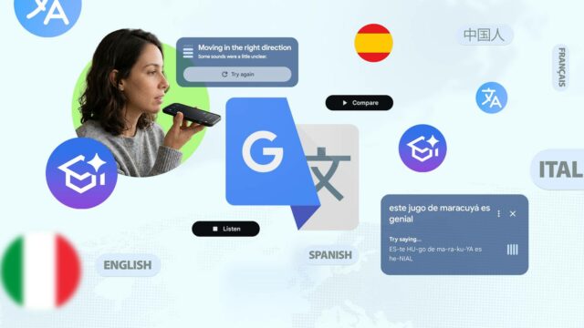 Uma mulher sorridente usando um smartphone com o logotipo do Google Tradutor e ícones de aprendizagem interativos em um fundo roxo