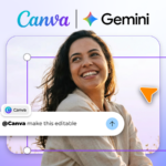 um telefone na mão com um papel de parede abstrato ao lado do logotipo do Google Gemini
