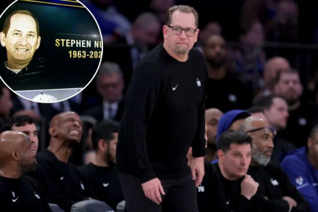O técnico do Philadelphia 76ers, Nick Nurse, treina contra o New York Knicks durante o quarto quarto do jogo 1 da rodada semifinal da conferência leste dos playoffs da NBA de 2026 no Madison Square Garden em 4 de maio de 2026. 