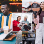 A man works on a laptop at a bar, left; two creatives work a photo shoot, inset; and a