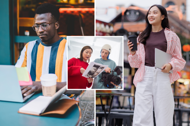 A man works on a laptop at a bar, left; two creatives work a photo shoot, inset; and a 