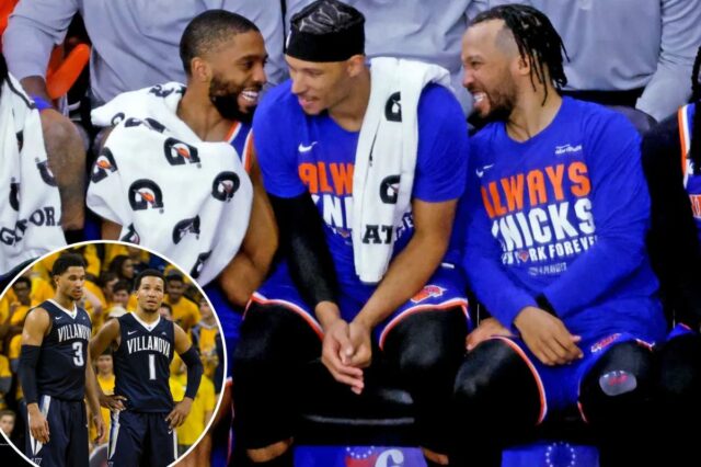 Jalen Brunson e Josh Hart em uniformes de basquete Villanova.