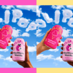 Duas mãos seguram latas de refrigerante Olipop contra um céu azul com nuvens soletrando