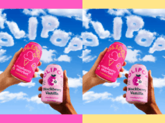 O verão está quase aí e a OLIPOP está pronta para recebê-lo Duas mãos seguram latas de refrigerante Olipop contra um céu azul com nuvens soletrando