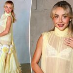 O vestido Dior amarelo manteiga de Sabrina Carpenter mostra secretamente sua lingerie