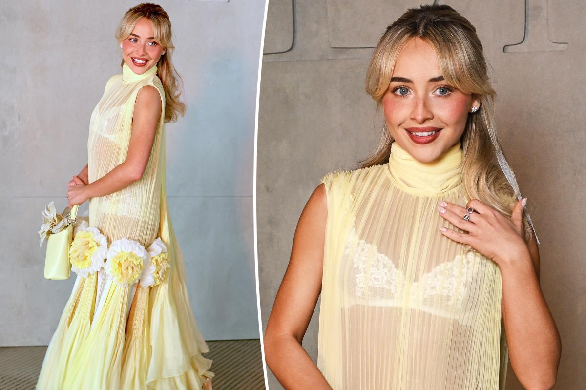 O vestido Dior amarelo manteiga de Sabrina Carpenter mostra secretamente sua lingerie