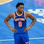 CHARLOTTE, NORTH CAROLINA - MARCH 26: OG Anunoby #8 of the New York Knicks plays against the Charlotte Hornets during their game at Spectrum Center on March 26, 2026 in Charlotte, North Carolina. (Photo by Jacob Kupferman/Getty Images)