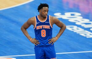 OG Anunoby do Knicks estará pronto para as finais da Conferência Leste? CHARLOTTE, NORTH CAROLINA - MARCH 26: OG Anunoby #8 of the New York Knicks plays against the Charlotte Hornets during their game at Spectrum Center on March 26, 2026 in Charlotte, North Carolina. (Photo by Jacob Kupferman/Getty Images)