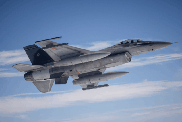 Photo from October 4, 2024 shows a Romanian Air Force F-16 fighter jet waiting for an aerial refuelling, while they participate in the 