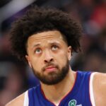 Detroit Pistons stars Tobias Harris slaps hands with Cade Cunningham during 2026 NBA Playoffs