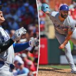 Arremessador do Los Angeles Dodgers jogando uma bola de beisebol.