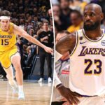 LeBron James com camisa branca do Lakers com o número 23, olhando para a direita.