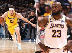 Os Lakers não têm muito pelo que jogar na série Thunder, exceto o orgulho LeBron James com camisa branca do Lakers com o número 23, olhando para a direita.