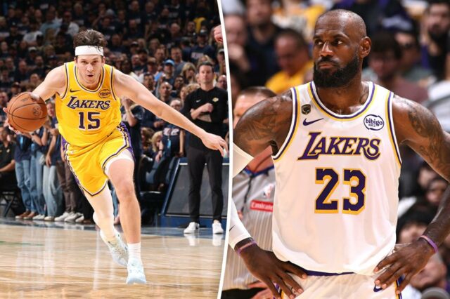 LeBron James com camisa branca do Lakers com o número 23, olhando para a direita.