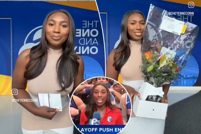 Uma colagem de imagens contendo 1 imagens, a imagem 1 mostra que Cheyenne Corin, do 6abc, foi inundada por fãs dos Knicks depois de derrotar o 76ers no domingo
