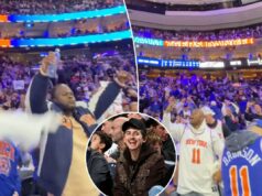 Os fãs dos Knicks tomam conta da Filadélfia durante a vitória no jogo 3 Os fãs dos Knicks tomam conta da Filadélfia durante a vitória no jogo 3