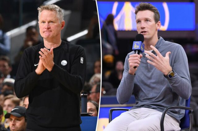 O técnico de basquete Steve Kerr bate palmas durante um jogo entre o Houston Rockets e o Golden State Warriors.