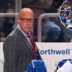 O técnico do New York Islanders, Lane Lambert, com os jogadores no banco.